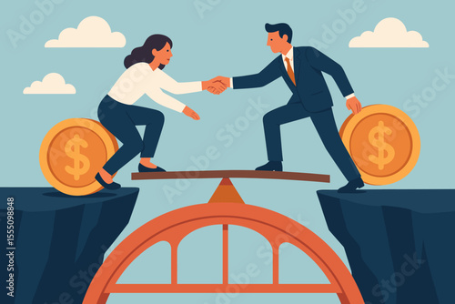 Gender pay gap concept with man and woman on scale balancing money coins. Bridging the gap with a handshake for financial equality, fair compensation, and salary equity in business.