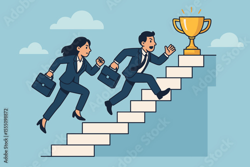 Business competition concept with man and woman running up the career ladder stairs to win a trophy. Metaphor for corporate rivalry, success, ambition, achievement, and motivation.