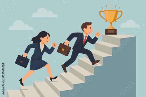 Business rivalry career ladder. Corporate competition concept. Businessman and businesswoman running up stairs. Race for success. Goal achievement to win trophy. Ambition, motivation.