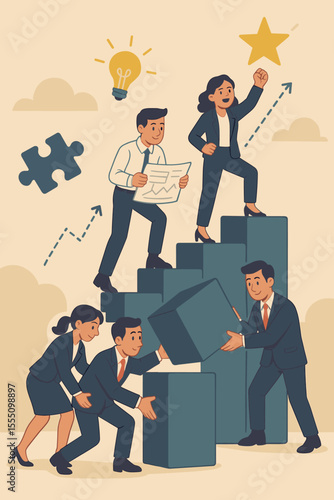 Business team collaboration building a stairway to success concept. Corporate teamwork for career growth, progress, and achievement. People working together on a strategy to reach a goal.