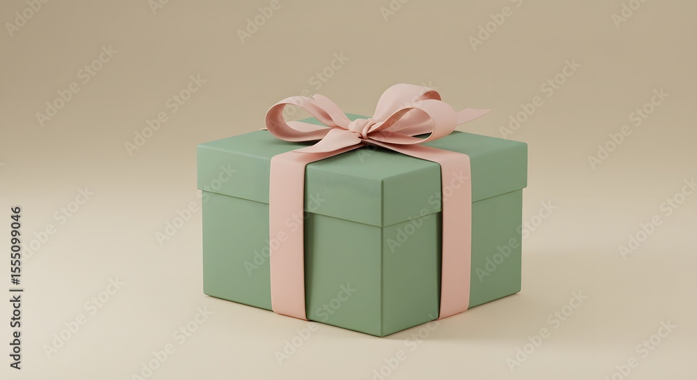 Fototapeta premium Elegant Sage Green Gift Box with Pale Pink Ribbon Perfect Present Packaging