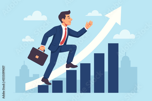 Businessman climbing a bar chart representing success and career growth. Professional achievement and ambition concept. Man with briefcase walking up the corporate ladder towards a goal.