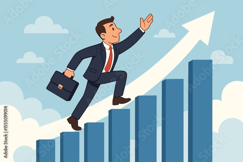 Career growth concept with businessman climbing bar chart stairs. Professional success, achievement, and progress. Corporate development, reaching goals, moving up. Upward arrow.