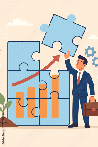 Businessman completing puzzle for growth. Business solution metaphor. Strategy and development. Corporate success and achievement. Final piece of jigsaw. Financial graph chart.