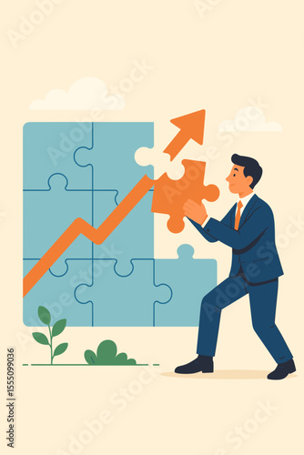 Businessman completing puzzle metaphor for business growth. Concept of strategy, solution, and development. Manager fitting last jigsaw piece with arrow graph for success and progress.