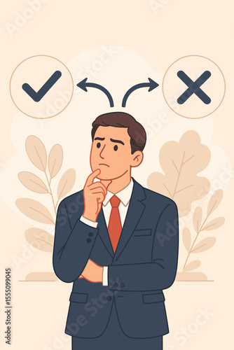 Businessman making a choice between two options, yes or no. Concept of decision making, dilemma, and business strategy. Pensive man analyzing pros and cons, right and wrong.