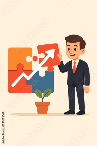 Businessman completing puzzle for business growth. Metaphor for solution, strategy, and development. Man with jigsaw piece and upward arrow. Concept of success and investment. Cartoon vector.