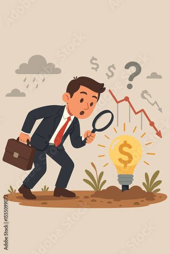Businessman finds financial opportunity in economic crisis. Concept of discovering an investment idea for growth during a recession. Man with a magnifying glass finds money lightbulb.