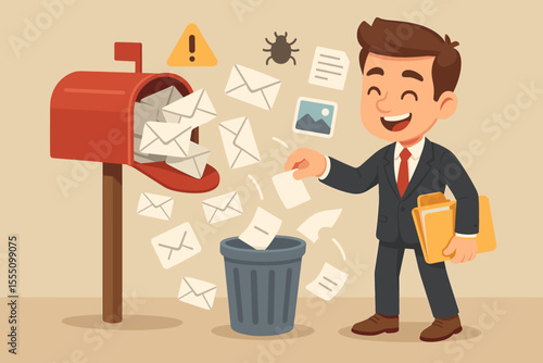 Businessman deleting spam and junk mail from mailbox. Email management, inbox decluttering, and data cleaning concept. Man throwing away unwanted messages, phishing threats, viruses. Vector.