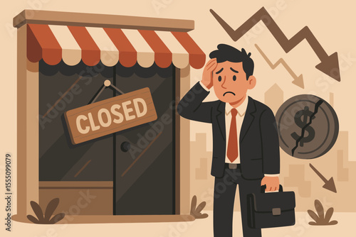Sad businessman faces company closure and bankruptcy. Metaphor for financial crisis, business failure, and economic recession. Stressed owner with closed store. Vector illustration.