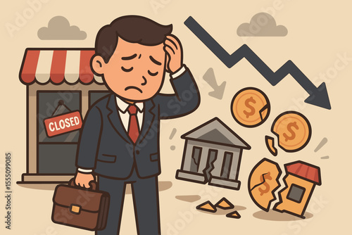 Businessman facing company closure and bankruptcy, symbolizing financial crisis, risk and economic downturn. Vector illustration of a failed business, debt, and a closed store.