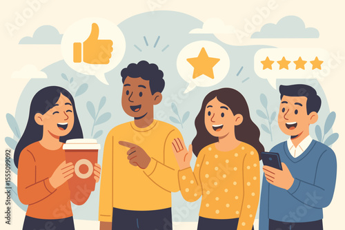Word of Mouth Marketing Strategy Vector. Diverse People Sharing Positive Product and Service Reviews, Giving Thumbs Up, Star Ratings, Social Media Feedback. Customer Experience Concept Illustration