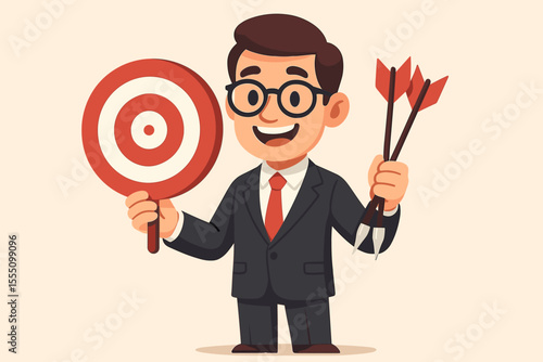 Happy Businessman Holding Target and Arrows: Successful Strategy, Business Goals, Financial Achievement, Project Management, and Marketing Success Vector Cartoon