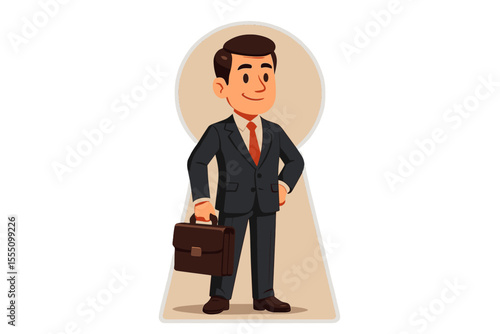 Businessman in keyhole as a metaphor for insider knowledge, exclusive company information. Business solution concept, unlocking career opportunity and access to success. Vector.
