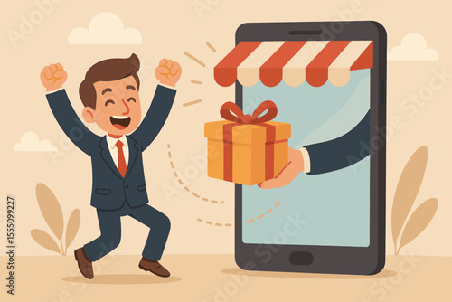 Happy businessman rejoices at winning a gift from a mobile store. E-commerce success concept of a man receiving a prize from a smartphone. Customer loyalty and reward program vector.