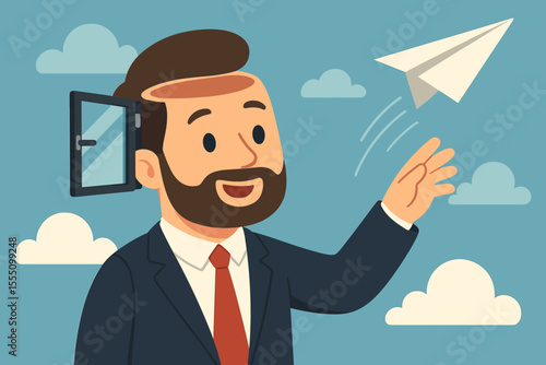 Startup launch concept with businessman releasing paper plane from open mind. Metaphor for creative idea, innovation, freedom of thought, new business. Vector cartoon illustration.
