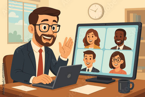 Businessman in suit working on laptop during virtual video conference call with diverse team, remote online meeting, office workspace, teamwork collaboration, cartoon vector illustration