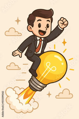 Businessman riding a light bulb rocket. Creative idea and innovation concept for startup launch and success. Entrepreneur flying to success. Vector cartoon business illustration.