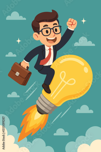Businessman riding a light bulb rocket to success. Creative idea and innovation concept for a startup launch and business growth. Cartoon vector metaphor for ambition and solutions.
