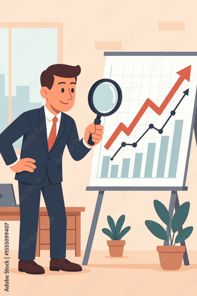 Businessman analyzing financial growth with magnifying glass. Market research, data analysis, business strategy, statistics, rising graph, office interior, investment opportunity concept vector Businessman analyzing financial growth with magnifying glass. Market research, data analysis, business strategy, statistics, rising graph, office interior, investment opportunity concept vector