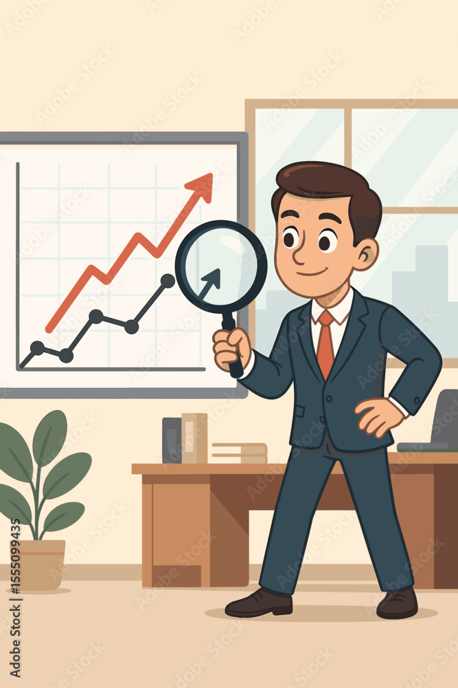 Cartoon businessman in suit analyzing financial growth chart with magnifying glass, market trends, business analysis, opportunity search, office interior, vector illustration, professional concept Cartoon businessman in suit analyzing financial growth chart with magnifying glass, market trends, business analysis, opportunity search, office interior, vector illustration, professional concept