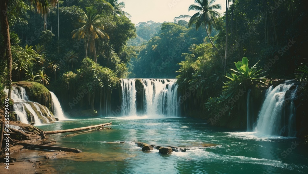 Naklejka premium A lush jungle landscape with waterfalls flowing into a serene river. Nature and ecosystem, concept. Rainforest and freshwater. The idea of natural beauty and conservation.