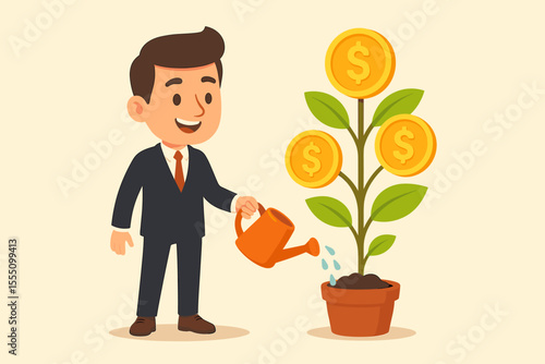 Businessman watering a money tree with dollar coins. Financial growth and investment success concept. Man nurtures plant for profit, savings, and wealth. Vector illustration.
