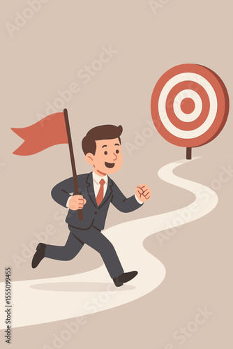 Ambitious businessman running with red flag on winding path toward target dartboard, symbolizing goal achievement, business success, leadership, determination, motivation, reaching objectives concept