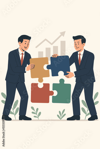 Business teamwork collaboration concept. Two businessmen in suits connecting colorful puzzle pieces. Partnership, cooperation, problem solving, strategy, growth, success. Vector cartoon illustration