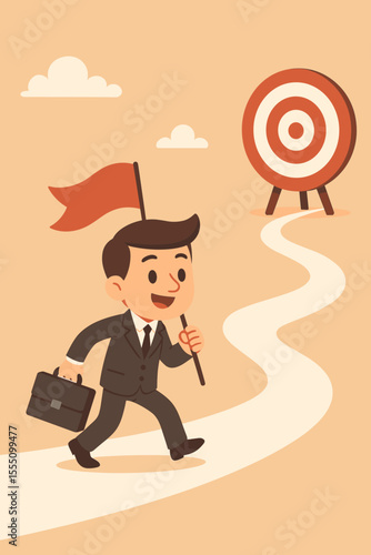 Cartoon businessman with red flag walking along winding path toward target, symbolizing goal achievement, success, leadership, ambition, business journey, motivation, determination concept