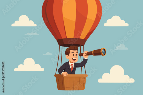 Ambitious businessman in suit searching for new opportunities with spyglass from hot air balloon. Vision, leadership, exploration, career growth, adventure, future planning, vector cartoon concept