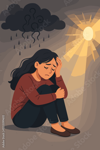Depression anxiety mental health crisis concept. Woman sitting sad under dark rain cloud, sunlight shining hope. Stress, sadness, emotional struggle, psychological disorder, therapy, recovery vector