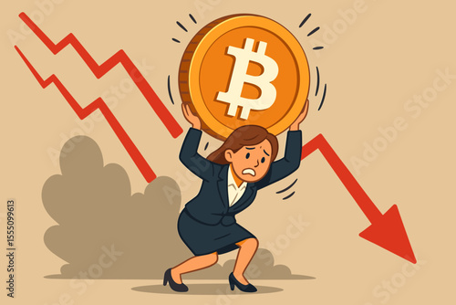 Stressed businesswoman carrying large bitcoin coin under falling cryptocurrency prices, financial crisis, market crash, economic downturn, investment risk, cartoon vector illustration