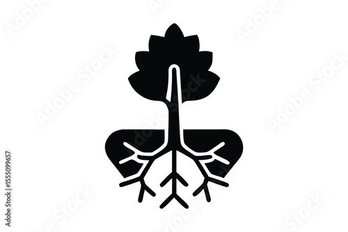 Simple black and white illustration of a plant with roots.