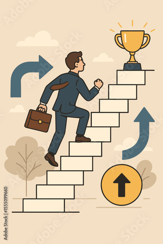 Businessman Climbing Success Ladder Toward Trophy, Career Growth Choices, Professional Development, Decision Making, Goal Achievement, Ambition, Motivation, Leadership, Vector Illustration