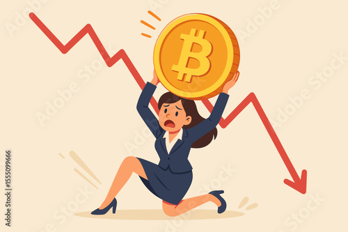 Stressed businesswoman struggles to hold large bitcoin as cryptocurrency market crashes, falling prices, financial crisis, investment loss, digital currency decline, vector cartoon illustration