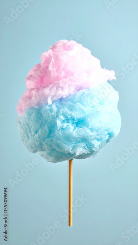 Pink and Blue Cotton Candy on Stick over Pastel Sky-Blue Background