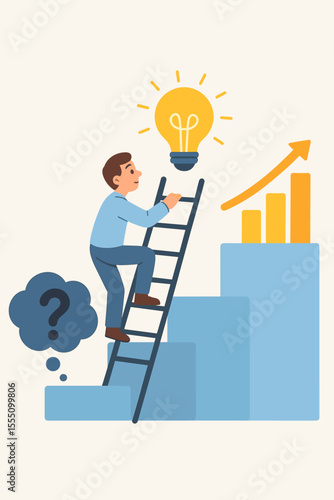 Businessman Climbing Ladder to Innovation, Solving Problems, Achieving Success, Light Bulb Idea, Growth Chart, Creative Solution, Motivation, Career Progress, Vector Illustration, No Text