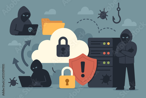 Cybersecurity threats cloud storage data breach. Hacker attack, malware, phishing, ransomware, server vulnerability, data protection, internet security, digital safety, encrypted information concept