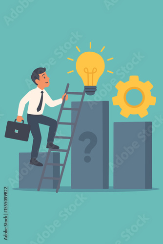 Businessman Climbing Ladder to Innovation, Solving Problems, Achieving Success, Light Bulb Idea, Gear Mechanism, Creative Solution, Career Growth, Business Strategy, Vector Illustration