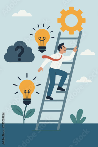 Businessman Climbing Ladder to Innovation, Solving Problems, Generating Ideas, Achieving Success, Creative Solution Process, Light Bulb Inspiration, Gear Mechanism, Growth Concept Vector