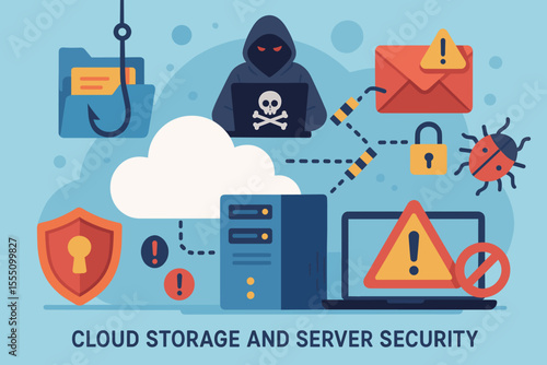 Cloud Storage Security Risks Vector. Hacker Attack, Phishing, Malware, Data Breach, Server Protection, Cyber Threats, Virus, Shield, Lock, Warning. Digital Safety Concept Illustration