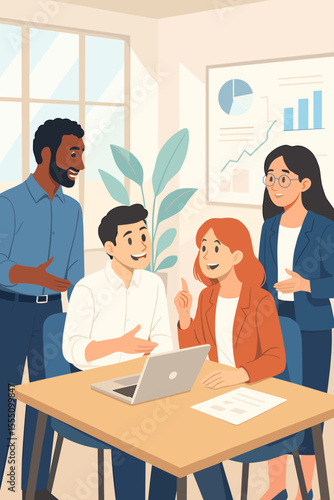 Diverse business team brainstorming, discussing ideas, collaborating on project in modern office, teamwork, group meeting, laptop, charts, professional workplace, corporate strategy illustration