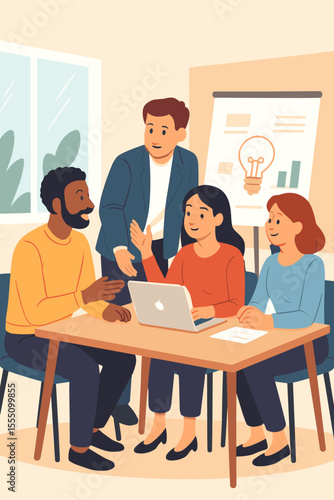 Diverse business team brainstorming, discussing ideas, collaborating on project, teamwork in modern office, creative meeting, group planning strategy, laptop, presentation, professional workplace