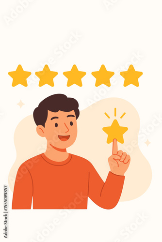 Five Star Customer Review Concept, Positive Feedback and Satisfaction, Man Pointing at Stars, Excellent Service Rating, Client Testimonial, Quality Evaluation, User Experience Illustration