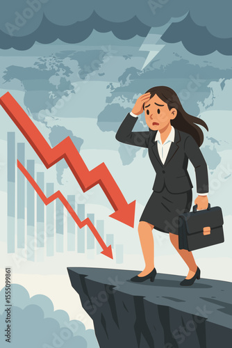 Businesswoman Facing Economic Crisis. Financial Recession Concept. Downward Graph Arrow, Global Market Crash, Stock Decline, Corporate Stress, Risk Management, Uncertainty, Vector Illustration