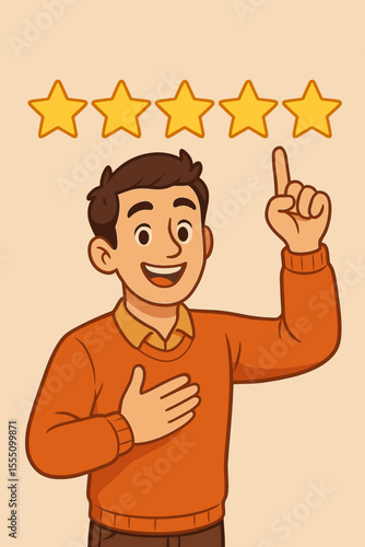 Five Star Customer Review Vector, Positive Feedback and Satisfaction Concept, Man Pointing to Excellent Rating, Quality Service Testimonial, Client Experience, High Rating Illustration