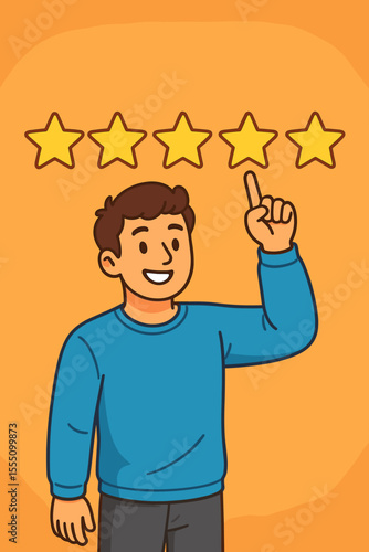 Five Star Customer Review Concept. Happy Man Pointing to Five Stars. Positive Feedback. High Satisfaction. Quality Service Rating. Client Testimonial. Excellent Experience. Vector Illustration
