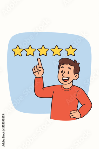 Five Star Customer Review Concept, Happy Man Pointing at Stars, Positive Feedback, High Satisfaction, Excellent Service Rating, Quality Testimonial, Client Experience, Cartoon Vector Illustration