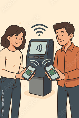 Contactless payment technology vector. People using smartphones as digital wallets at self-service terminal. NFC mobile banking, wireless financial transaction, modern fintech convenience illustration